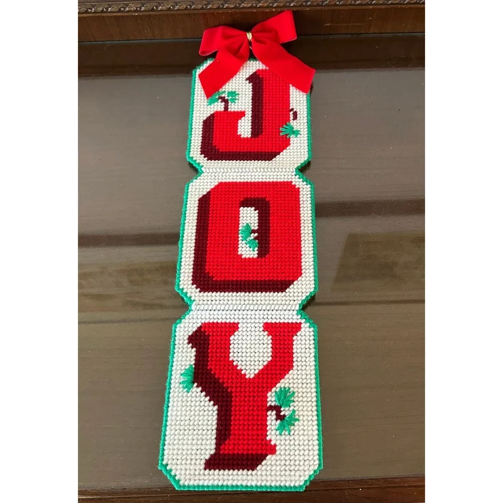 Vintage‎ Handmade Needlepoint JOY Christmas Wall Hanging Plastic Canvas 19''